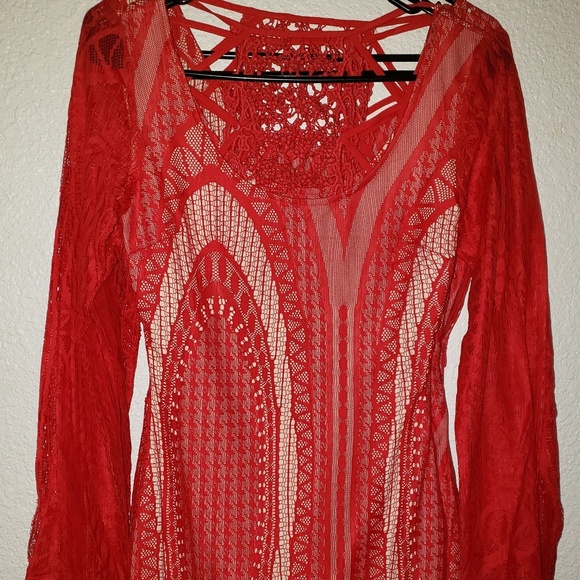 Red Embroidered Dress with Inner Cream Layer - Picture 4 of 8